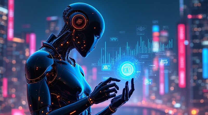 Futurystyczny agent AI z luminowym portfelem, holograficznym łańcuchem bloków, metaliczną formą i neonowym miastem