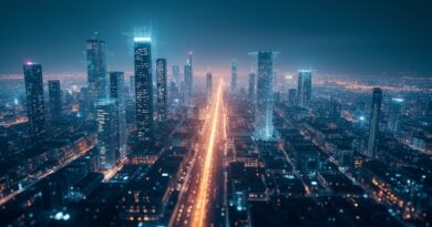 Futurystyczne miasto z przezroczystymi sieciami nerwowymi świecące w błękitno‑złotych tonach, styl minimalistyczny.