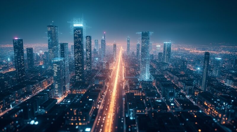 Futurystyczne miasto z przezroczystymi sieciami nerwowymi świecące w błękitno‑złotych tonach, styl minimalistyczny.