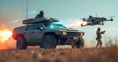 Futurowe pole walki: pojazd z systemem antydronowym przerywa drona, operator obserwuje hologram.