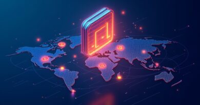 Świecący portfel cyfrowy nad mapą serwerów, ikonami blockchain i symboli płatności z rozświetlonymi strumieniami danych