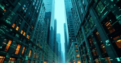 Abstrakcyjna wizja Wall Street i AI: kod, budynki, obwody. Transformacja finansów.