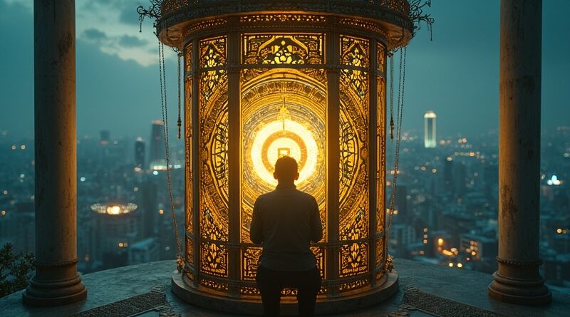 Złota klatka z pracownikiem AI w środku, panorama Pekinu, melancholia, styl Art Nouveau.