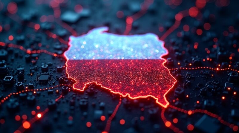 Abstrakcyjna Polska flaga w sieci obwodów, symbol cyfrowej suwerenności AI.