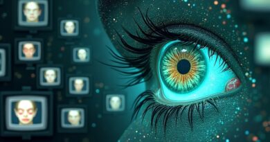 AI obserwuje zniekształcone twarze na ekranach, co symbolizuje automatyczne oznaczanie treści generowanych przez AI.