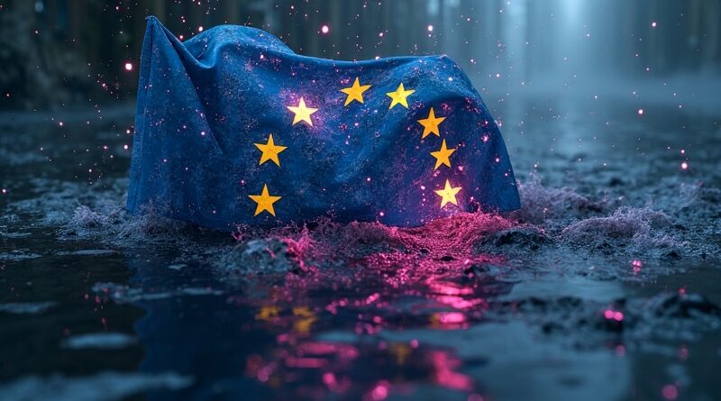 Roztrzaskana flaga Europy zalana binarnym kodem, zniekształcone twarze. Dystopijny krajobraz rozkładu i wpływu AI.