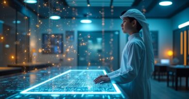 Uczeń w emirackim stroju przy holograficznym panelu w futurystycznej klasie.