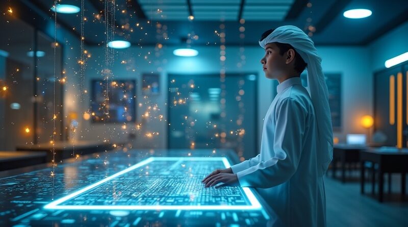 Uczeń w emirackim stroju przy holograficznym panelu w futurystycznej klasie.