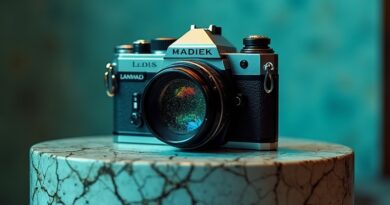 Vintage analog camera with neon data lens, surreal half-finished digital portrait blending brushstrokes and cyber grids.