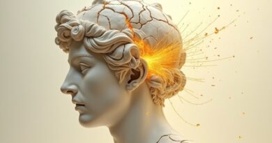 Marble head statue cracked golden digital data streams flowing from fissures