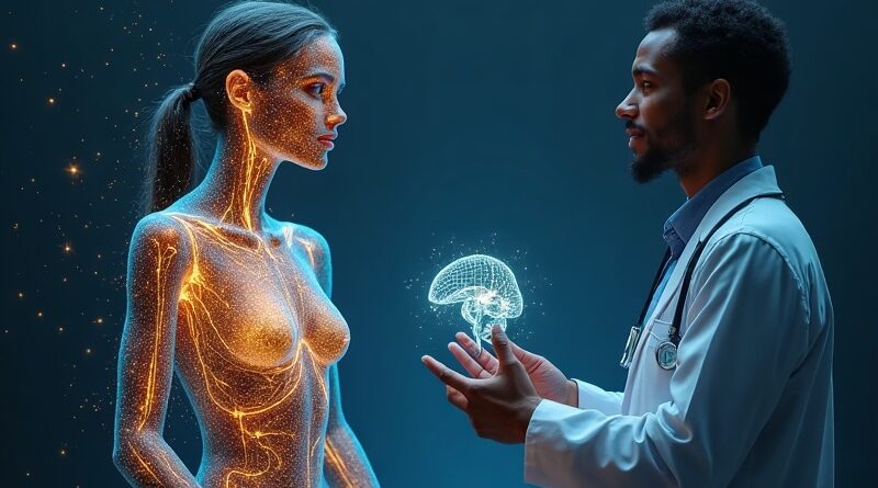 Cyfrowy naukowiec Aila konsultuje się z lekarzem nad holograficznym modelem raka prostaty.