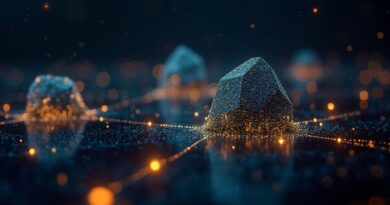 Luminous geometric AI agents with golden data streams in deep blockchain void