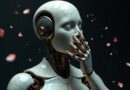 Popękane marmurowe popiersie robota zakrywającego usta, otoczone złotymi łańcuchami i cyfrowymi płatkami.