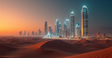 Futurystyczne pustynne miasto o zmierzchu z holograficznym interfejsem TourismX nad arabską architekturą
