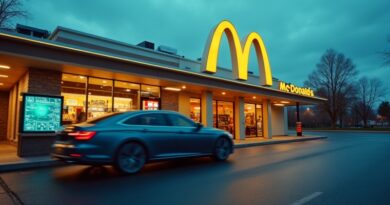 Futurystyczny McDonald's drive-thru o zmierzchu z holograficznym interfejsem i złotymi łukami.