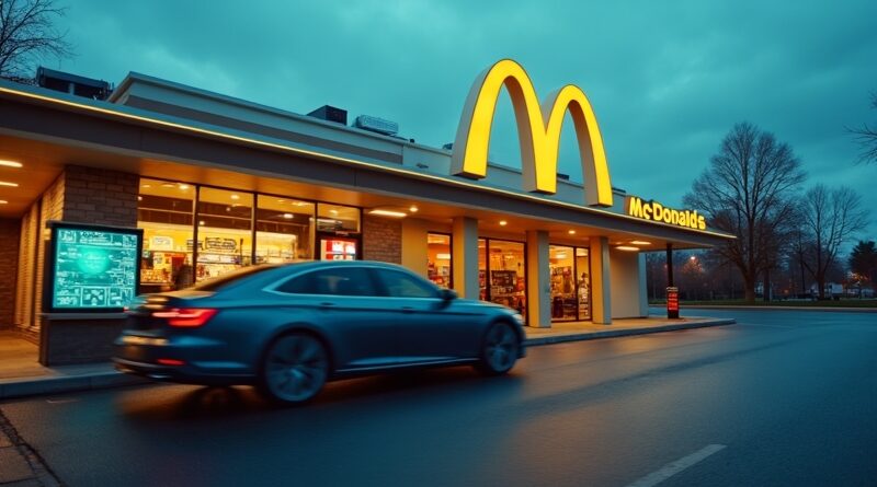 Futurystyczny McDonald's drive-thru o zmierzchu z holograficznym interfejsem i złotymi łukami.