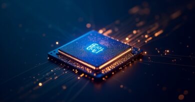 Układ GPU z błękitno-złotym blaskiem, smoki z kodu na ciemnym tle.