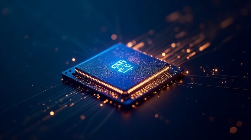 Układ GPU z błękitno-złotym blaskiem, smoki z kodu na ciemnym tle.