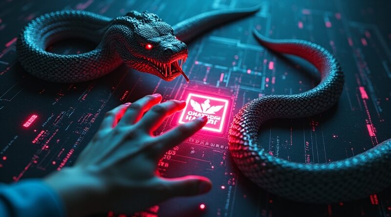 Cyfrowy wąż oplata logo ChatGPT, wstrzykując kod. Ręka sięga po zainfekowany przycisk pobierania.