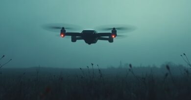 Samotny autonomiczny dron z czerwonym okiem nad zbombardowanym polem o świcie.