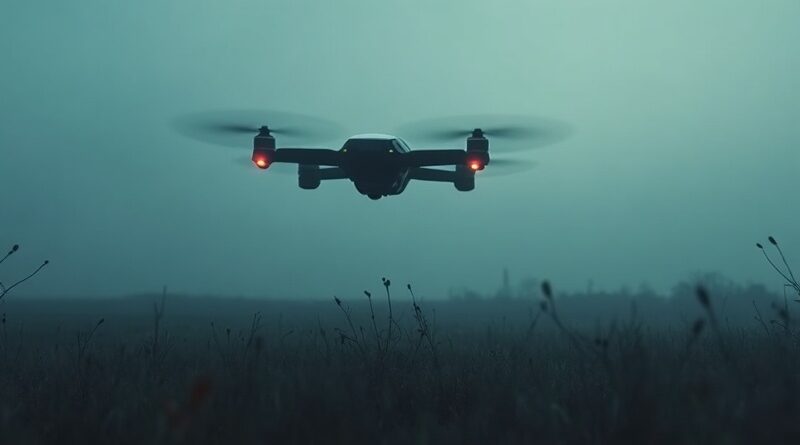 Samotny autonomiczny dron z czerwonym okiem nad zbombardowanym polem o świcie.
