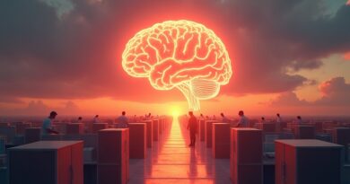 Cybernetyczny mózg rzucający cienie nad pustymi biurami w świetle zachodu słońca.