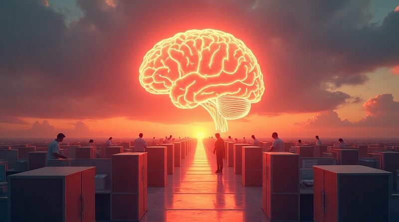 Cybernetyczny mózg rzucający cienie nad pustymi biurami w świetle zachodu słońca.
