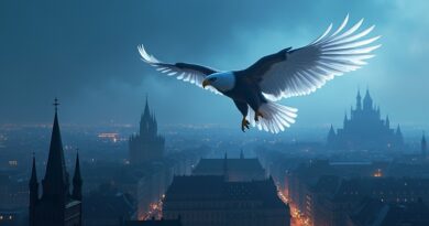 Bielik nad świetlistym Krakowem, błękit i srebro, technologiczna dominacja i duma narodowa.