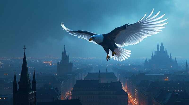 Bielik nad świetlistym Krakowem, błękit i srebro, technologiczna dominacja i duma narodowa.
