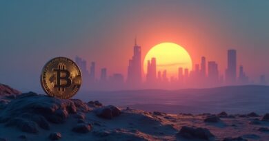 Blaknący Bitcoin jako zachodzące słońce, neonowe miasto AI w oddali