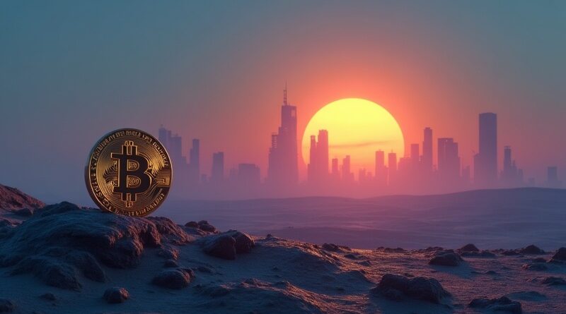 Blaknący Bitcoin jako zachodzące słońce, neonowe miasto AI w oddali
