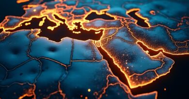 Futurystyczna mapa Bliskiego Wschodu w złocie i granacie z falami głosowymi i arabską kaligrafią