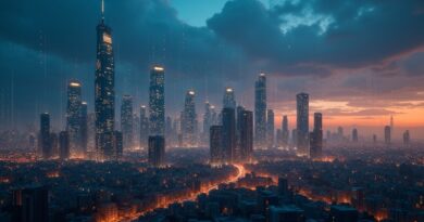 Futurystyczne miasto Bliskiego Wschodu o zmierzchu z cyfrowymi strumieniami danych i wzorami fal radiowych.