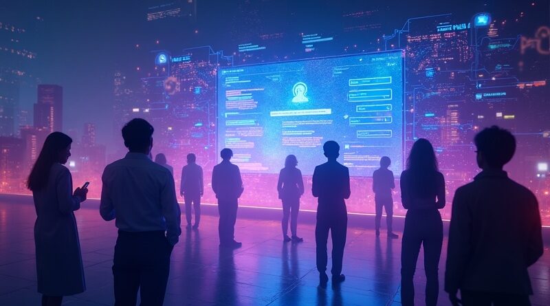 Lśniący wspólny czat z AI i ludźmi, neon błękit i fiolet