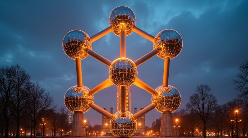 Futurystyczne Atomium z pozłacanymi obwodami, świecące w zmierzchu nad Brukselą.