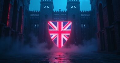 Cyfrowa forteca z tarczą Union Jack w cyberpunkowym neonowym sztormie.