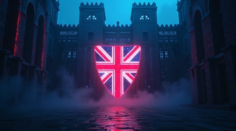 Cyfrowa forteca z tarczą Union Jack w cyberpunkowym neonowym sztormie.