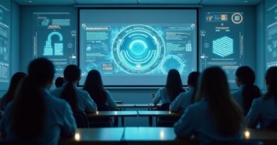 Futurystyczna klasa z holograficznym logo Oracle i certyfikatem AI unoszącym się nad smartfonem.