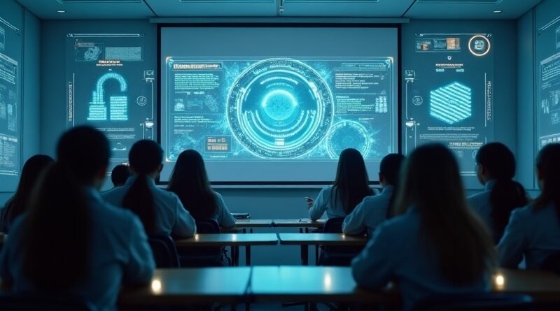 Futurystyczna klasa z holograficznym logo Oracle i certyfikatem AI unoszącym się nad smartfonem.