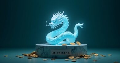 Niebiesko-biały porcelanowy smok oplata popękany cokół AI pricing, kruszące się dolary, ciemnozielone tło.