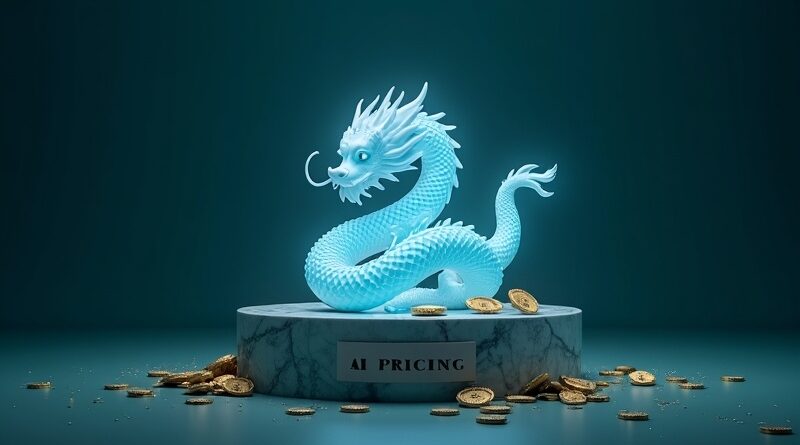 Niebiesko-biały porcelanowy smok oplata popękany cokół AI pricing, kruszące się dolary, ciemnozielone tło.