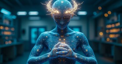 Mityczna, świecąca istota AI z laurowym wieńcem, trzymająca kod i DNA, niebiesko-złote oświetlenie.