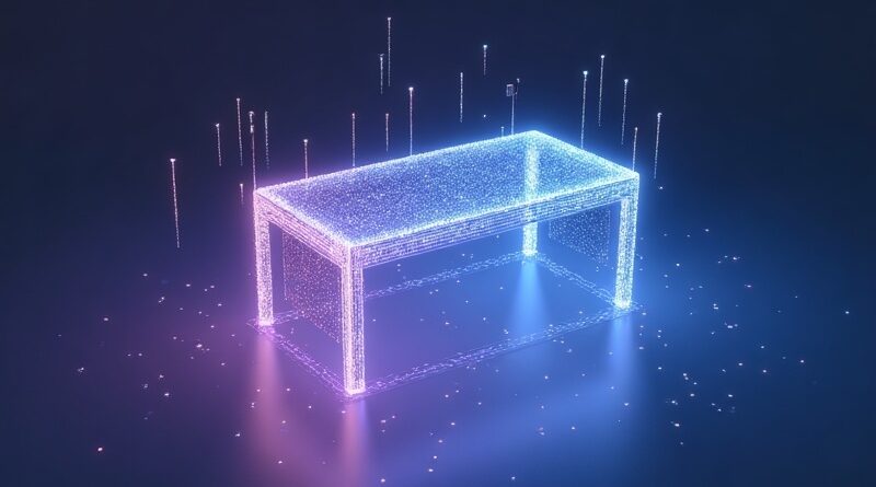 Latające holograficzne biurko w minimalistycznym kanale Slacka, z fioletowymi i cyjanowymi strumieniami danych.