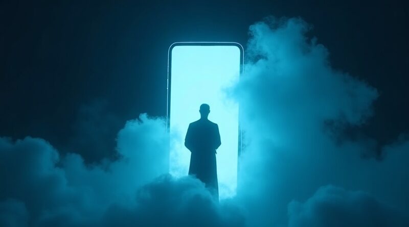Luminous cyfrowy byt wyłaniający się ze smartfona w aurze granatu i cyjanu.