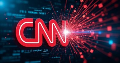Stylizowana cyfrowa bitwa: logo CNN ostre, logo Perplexity rozmyte, chaos danych.