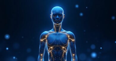 Świecący geometryczny agent AI zarządza neonowym portfelem kryptowalut w błękicie i złocie.