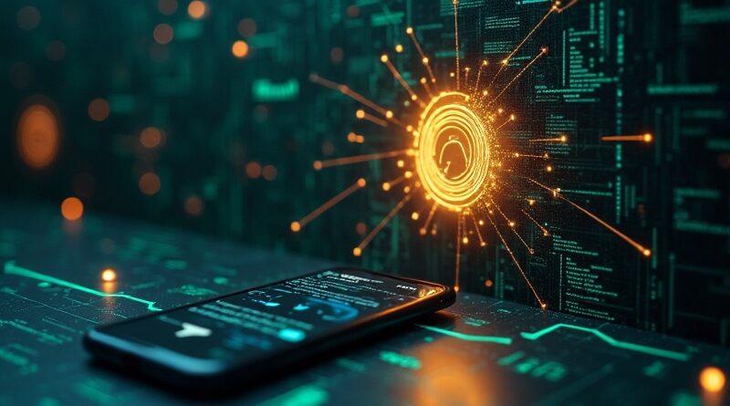 Świecący kursor przebija cyfrową ścianę, ukazując agentów AI i smartfon w teal i gold.