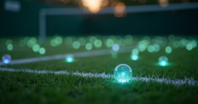 Cyfrowe agenty jak lśniące klejnoty na trawie Wimbledonu o zmierzchu, pastelowe barwy.
