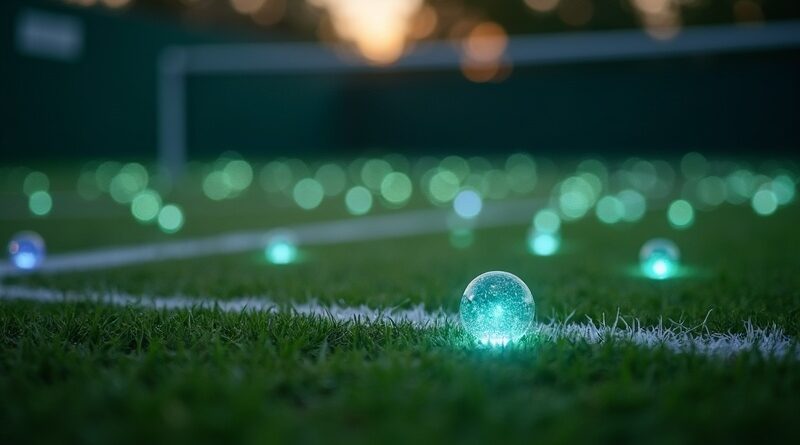 Cyfrowe agenty jak lśniące klejnoty na trawie Wimbledonu o zmierzchu, pastelowe barwy.