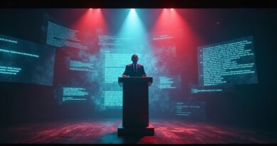 Holograficzny mówca rozpada się w cyfrowe glitche, czerwone i niebieskie światła z cyjanem